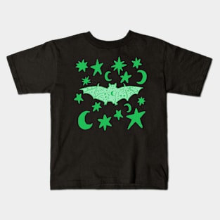 Cute Vampire Bat with Stars and Moons, Green Kids T-Shirt